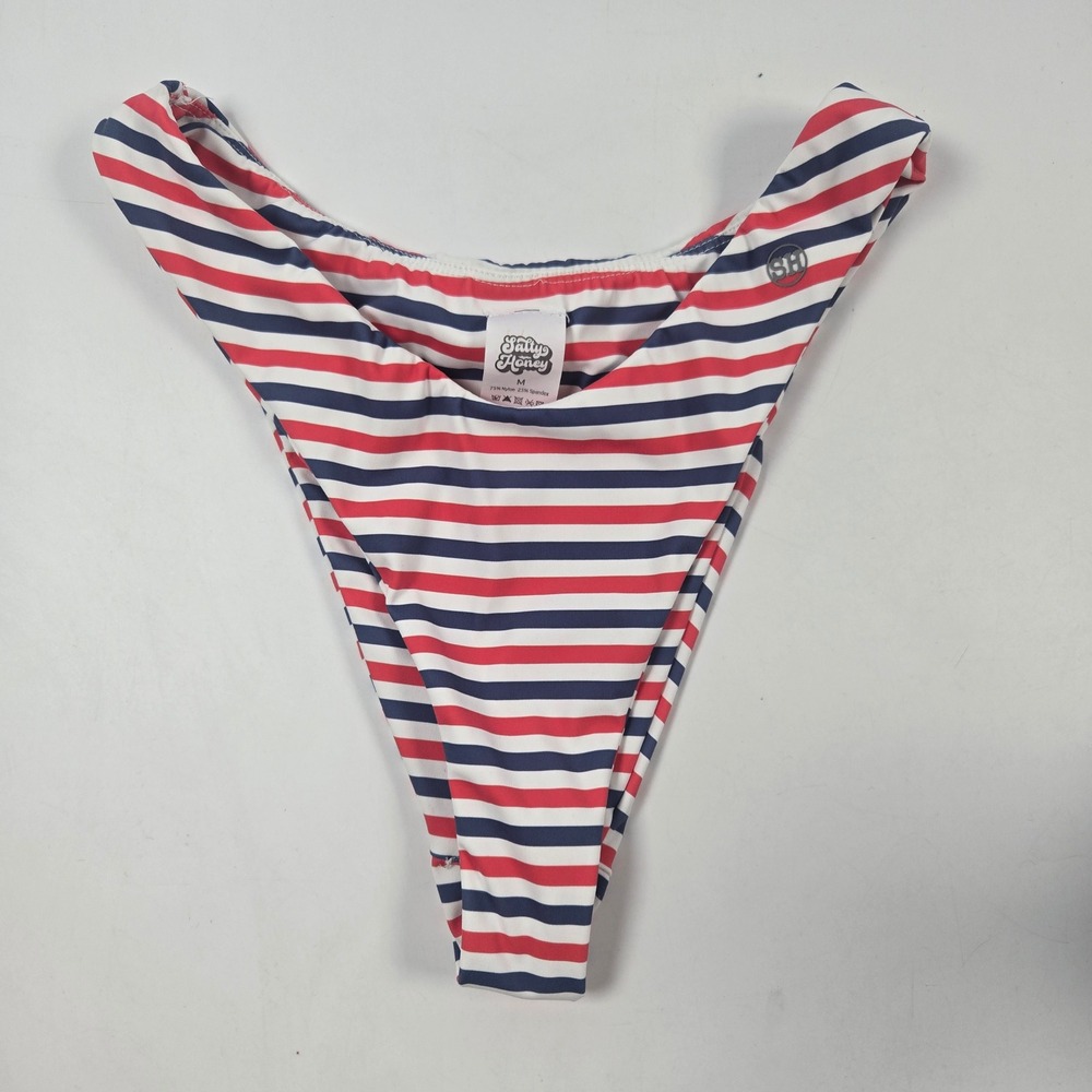 Salty Honey Bikini Bottom Women Medium Red White Blue Striped High Cut Nautical